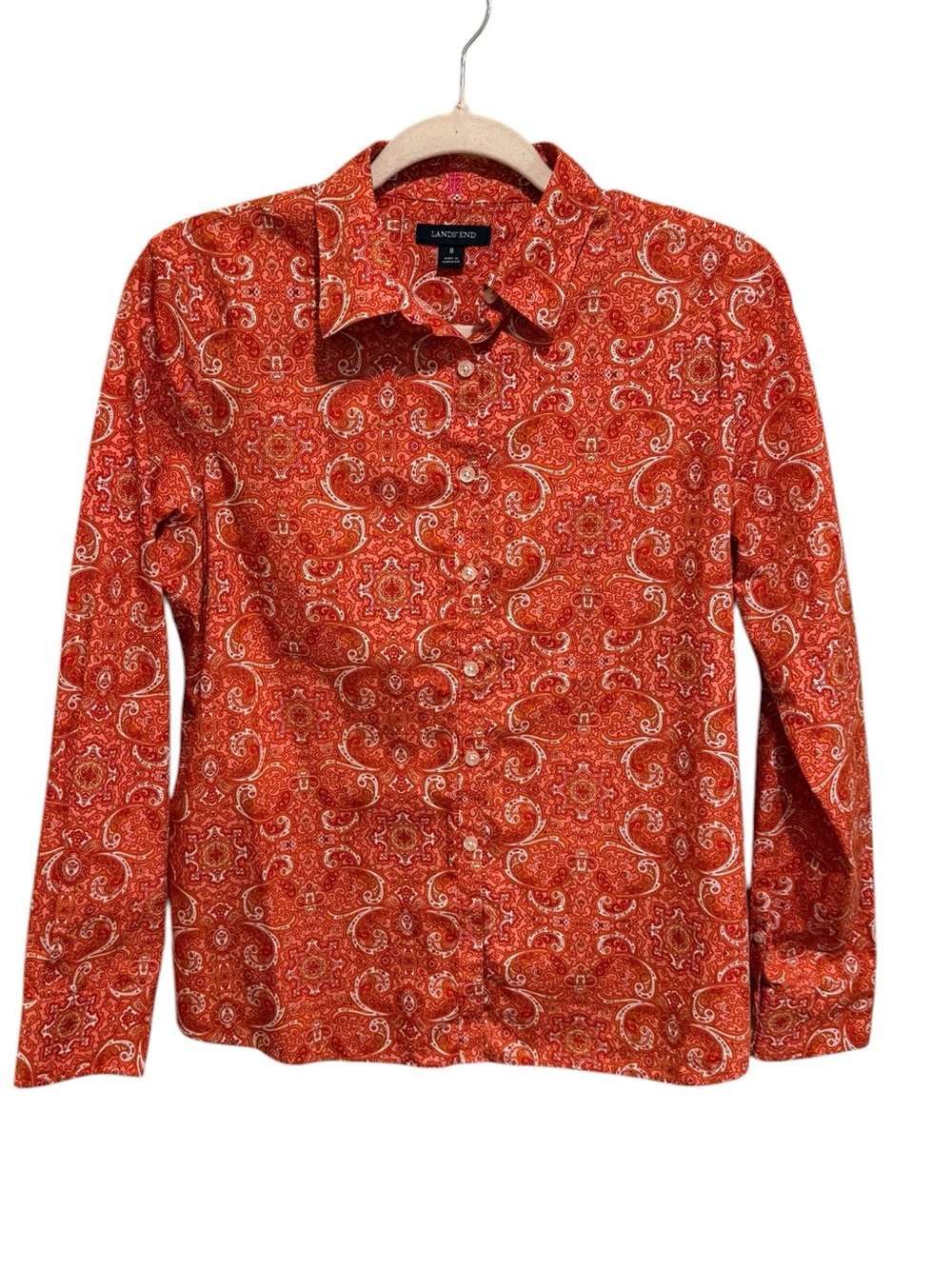 NWOT Lands' End 100% Cotton No-Iron Orange Paisley Button-Down Shirt - Size 8